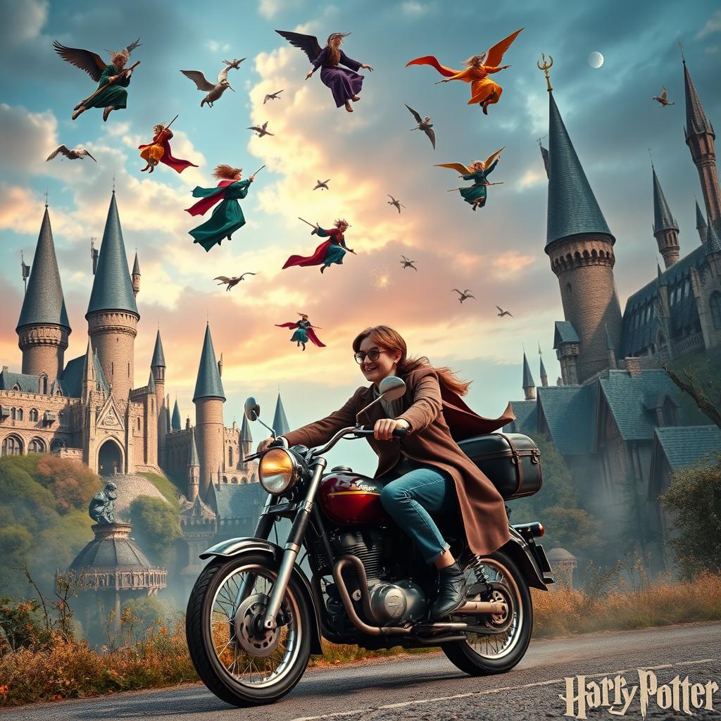 A magical scene set in a Harry Potter universe background, featuring a vibrant and enchanting landscape from the wizarding world, complete with soaring towers, whimsical architecture, and mystical skies