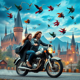 A magical scene set in a Harry Potter universe background, featuring a vibrant and enchanting landscape from the wizarding world, complete with soaring towers, whimsical architecture, and mystical skies