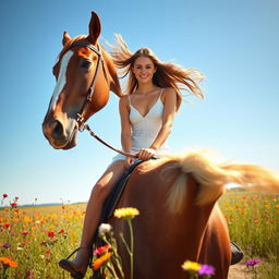 A beautiful young woman with flowing hair riding a majestic horse in a sunlit field, the horse's shiny coat glistening in the sunlight