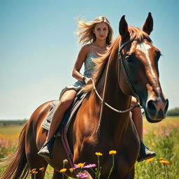 A beautiful young woman with flowing hair riding a majestic horse in a sunlit field, the horse's shiny coat glistening in the sunlight