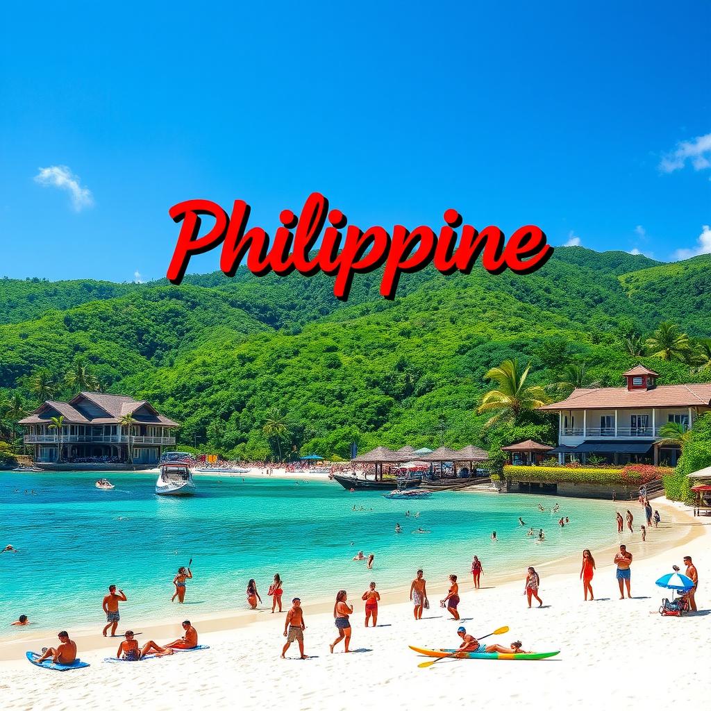 A vibrant and inviting scene showcasing the beauty of Philippine tourism, featuring a picturesque beach with crystal-clear waters and white sand