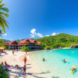 A vibrant and inviting scene showcasing the beauty of Philippine tourism, featuring a picturesque beach with crystal-clear waters and white sand