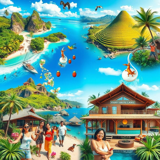 A vibrant and dynamic collage that captures the essence of Philippine tourism and the hotel industry