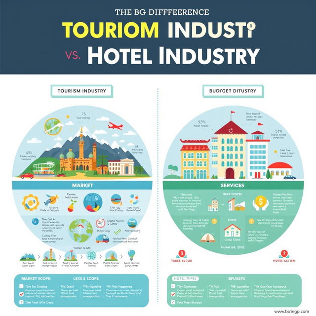 A captivating infographic illustrating the differences between the tourism industry and the hotel industry, showcasing key elements such as market scope, target audiences, revenue streams, and types of services offered