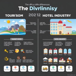 A captivating infographic illustrating the differences between the tourism industry and the hotel industry, showcasing key elements such as market scope, target audiences, revenue streams, and types of services offered