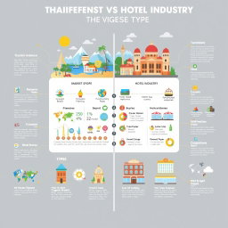 A captivating infographic illustrating the differences between the tourism industry and the hotel industry, showcasing key elements such as market scope, target audiences, revenue streams, and types of services offered