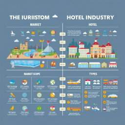 A captivating infographic illustrating the differences between the tourism industry and the hotel industry, showcasing key elements such as market scope, target audiences, revenue streams, and types of services offered