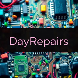 The name 'DayRepairs' elegantly styled in a modern, tech-inspired font, placed against a vibrant background filled with an array of colorful electronic components such as circuit boards, resistors, capacitors, and microchips