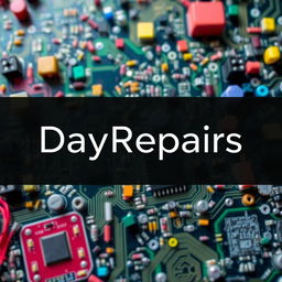 The name 'DayRepairs' elegantly styled in a modern, tech-inspired font, placed against a vibrant background filled with an array of colorful electronic components such as circuit boards, resistors, capacitors, and microchips