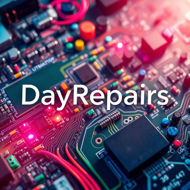 The name 'DayRepairs' elegantly styled in a modern, tech-inspired font, placed against a vibrant background filled with an array of colorful electronic components such as circuit boards, resistors, capacitors, and microchips