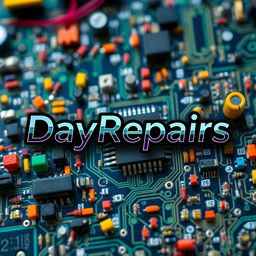 The name 'DayRepairs' elegantly styled in a modern, tech-inspired font, placed against a vibrant background filled with an array of colorful electronic components such as circuit boards, resistors, capacitors, and microchips