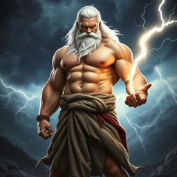 A powerful, muscular man with striking white hair and a long white beard, standing confidently while holding a bright, glowing lightning bolt in his hand