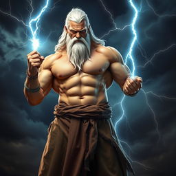 A powerful, muscular man with striking white hair and a long white beard, standing confidently while holding a bright, glowing lightning bolt in his hand