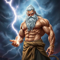A powerful, muscular man with striking white hair and a long white beard, standing confidently while holding a bright, glowing lightning bolt in his hand