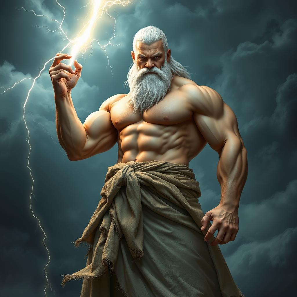 A powerful, muscular man with striking white hair and a long white beard, standing confidently while holding a bright, glowing lightning bolt in his hand