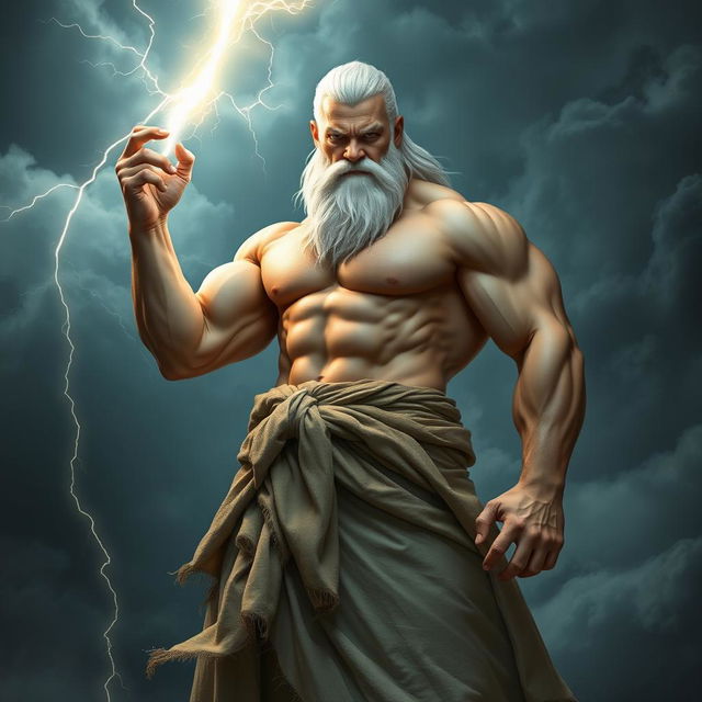 A powerful, muscular man with striking white hair and a long white beard, standing confidently while holding a bright, glowing lightning bolt in his hand