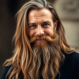 A portrait of a confident man with long, flowing hair and a long, thick beard