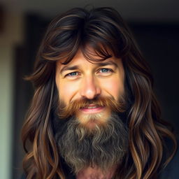 A portrait of a confident man with long, flowing hair and a long, thick beard