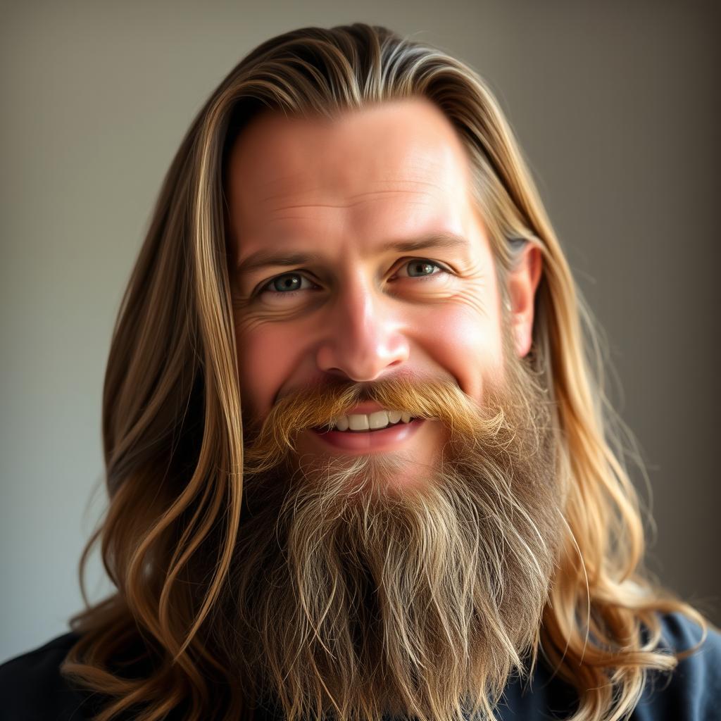 A portrait of a confident man with long, flowing hair and a long, thick beard