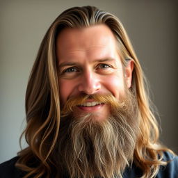 A portrait of a confident man with long, flowing hair and a long, thick beard