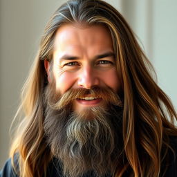 A portrait of a confident man with long, flowing hair and a long, thick beard