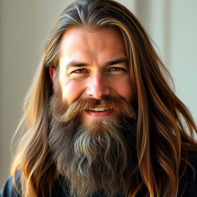 A portrait of a confident man with long, flowing hair and a long, thick beard