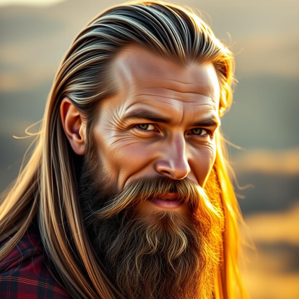 A portrait of a confident man with long, flowing hair and a long, thick beard