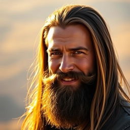 A portrait of a confident man with long, flowing hair and a long, thick beard