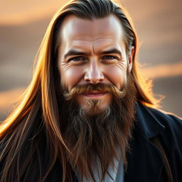 A portrait of a confident man with long, flowing hair and a long, thick beard