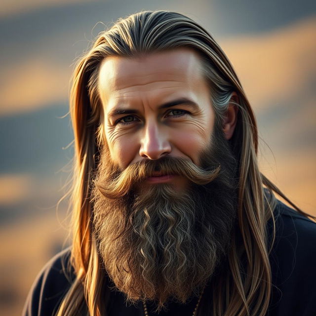 A portrait of a confident man with long, flowing hair and a long, thick beard
