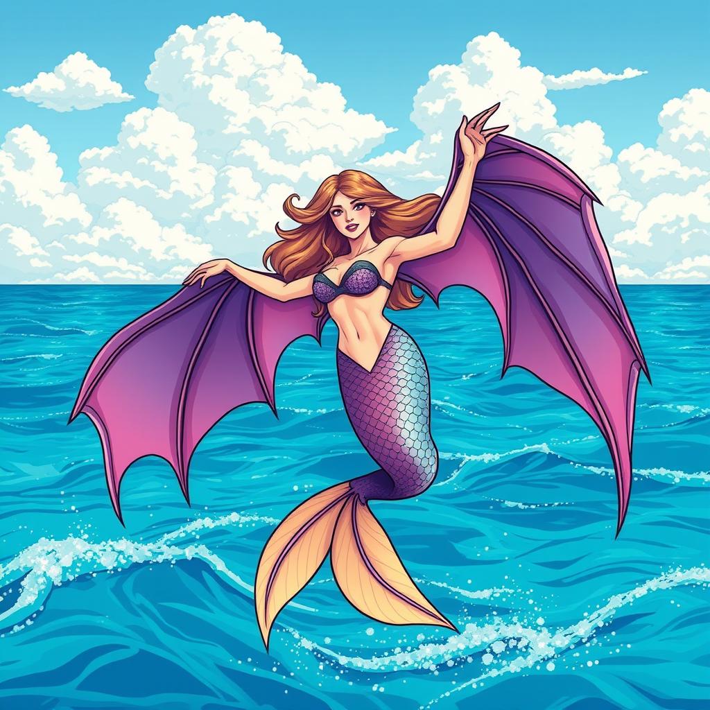 A stunning mermaid with bat wings soaring gracefully over the vibrant blue sea