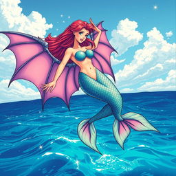 A stunning mermaid with bat wings soaring gracefully over the vibrant blue sea