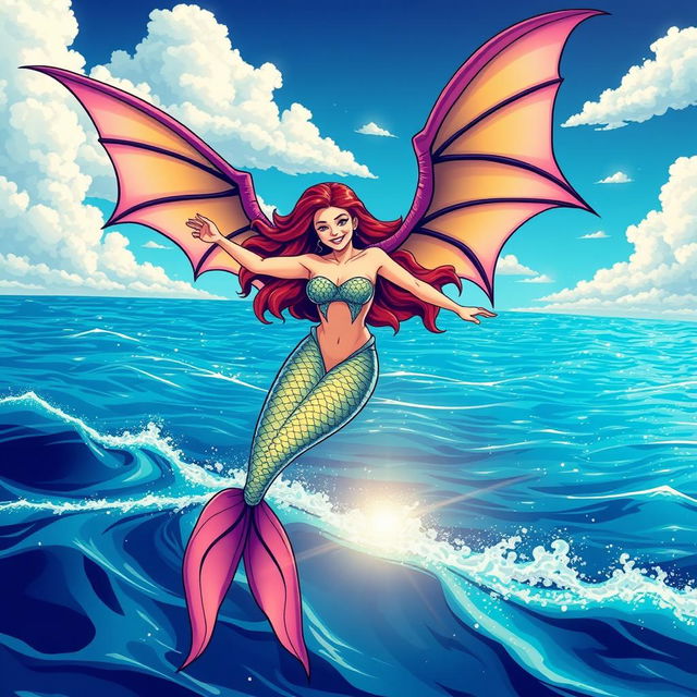 A stunning mermaid with bat wings soaring gracefully over the vibrant blue sea