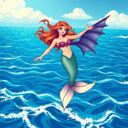 A stunning mermaid with bat wings soaring gracefully over the vibrant blue sea