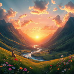 A stunning, vibrant digital landscape featuring a lush, green valley surrounded by majestic mountains, with a crystal-clear river flowing through it