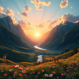 A stunning, vibrant digital landscape featuring a lush, green valley surrounded by majestic mountains, with a crystal-clear river flowing through it