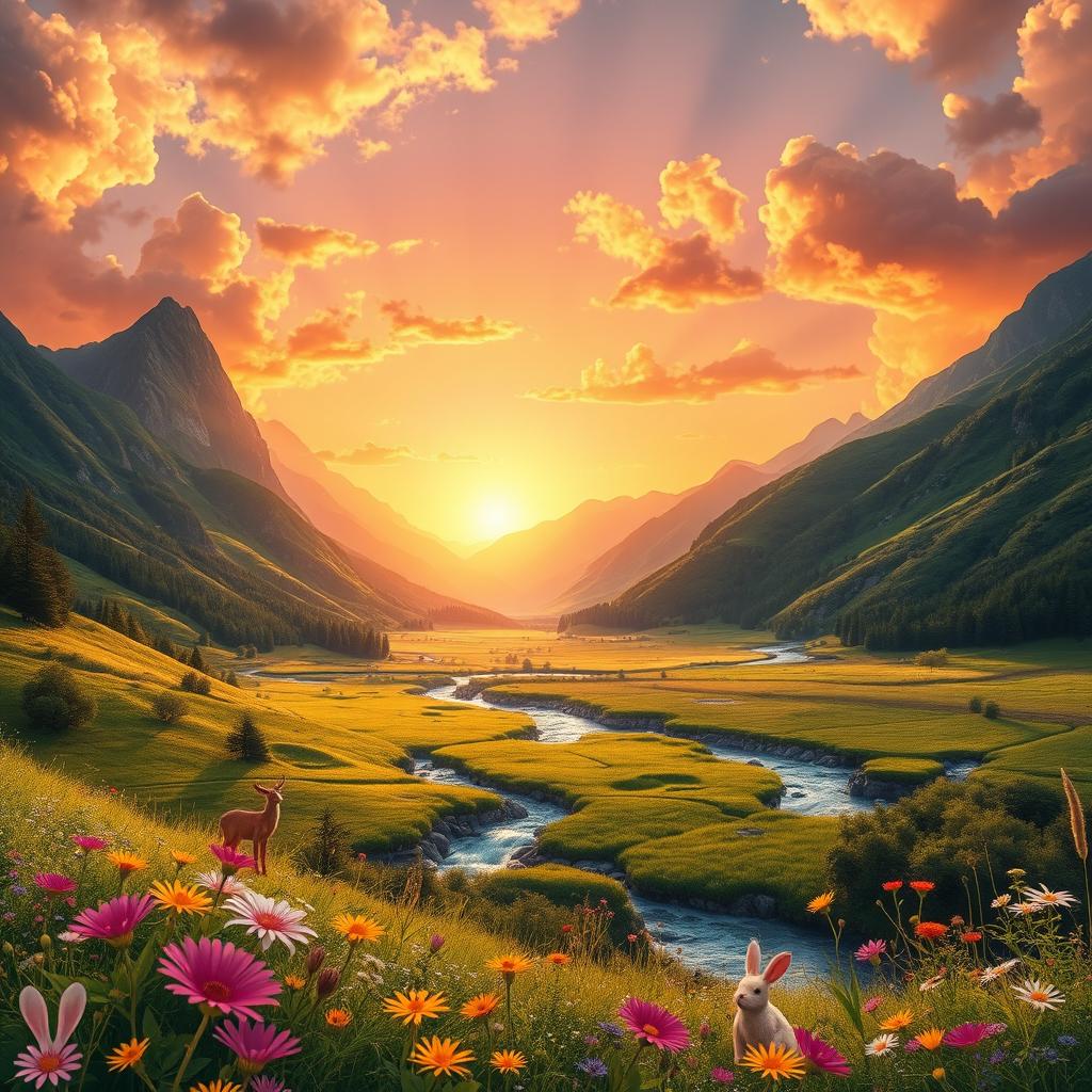 A stunning, vibrant digital landscape featuring a lush, green valley surrounded by majestic mountains, with a crystal-clear river flowing through it