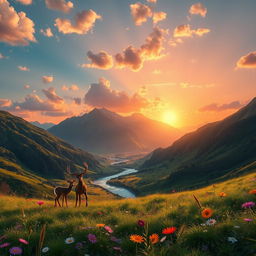 A stunning, vibrant digital landscape featuring a lush, green valley surrounded by majestic mountains, with a crystal-clear river flowing through it