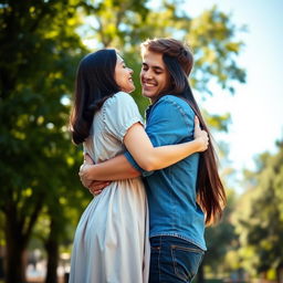 A scene of a brother and sister in a warm, affectionate embrace, standing outdoors in a peaceful park