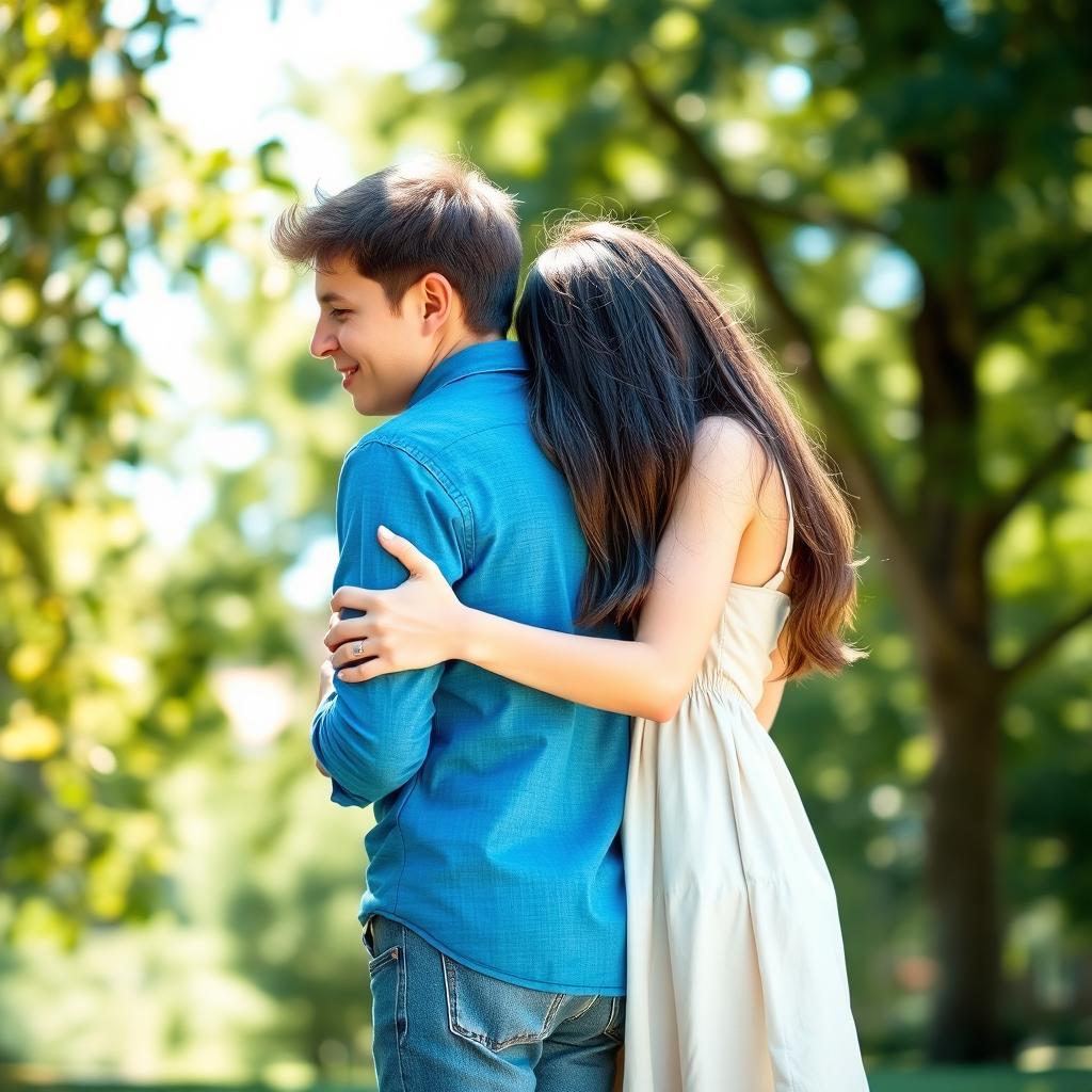 A scene of a brother and sister in a warm, affectionate embrace, standing outdoors in a peaceful park