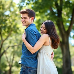 A scene of a brother and sister in a warm, affectionate embrace, standing outdoors in a peaceful park