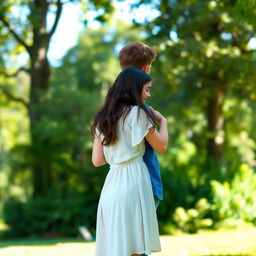 A scene of a brother and sister in a warm, affectionate embrace, standing outdoors in a peaceful park