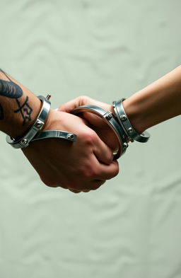 A close-up view of two hands secured in handcuffs, with the metal cuffs glinting in the light