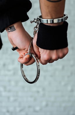 A close-up view of two hands secured in handcuffs, with the metal cuffs glinting in the light