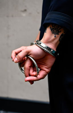 A close-up view of two hands secured in handcuffs, with the metal cuffs glinting in the light