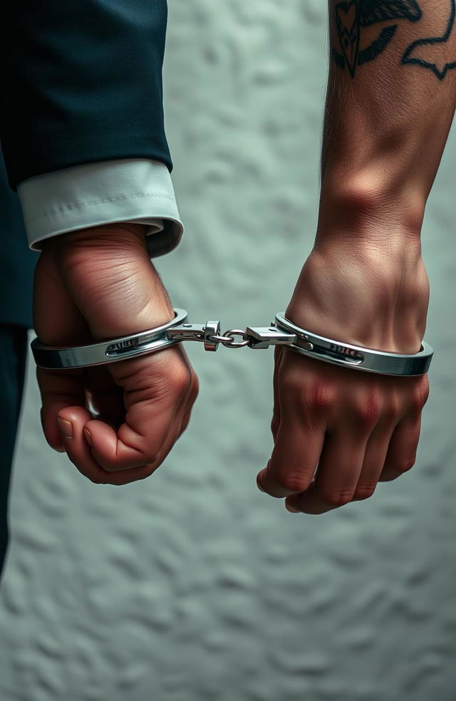 A close-up view of two hands secured in handcuffs, with the metal cuffs glinting in the light