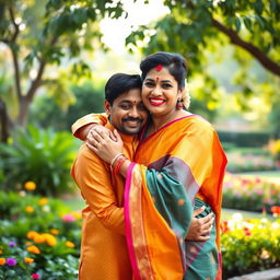 An Indian brother and his married sister sharing a warm hug in a picturesque setting