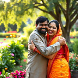 An Indian brother and his married sister sharing a warm hug in a picturesque setting