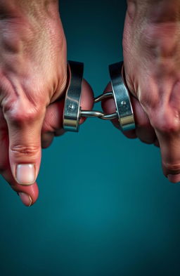 Two human hands tightly clasped together, both wearing shiny silver handcuffs that lock them together