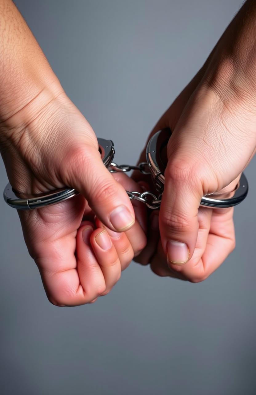Two human hands tightly clasped together, both wearing shiny silver handcuffs that lock them together